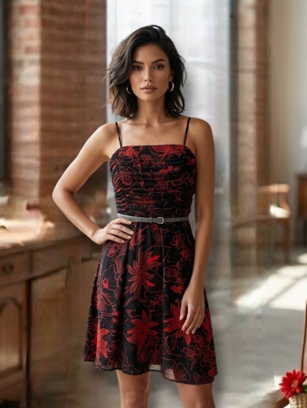 Colori Women's Black & Red Floral Print Mini Dress With Belt